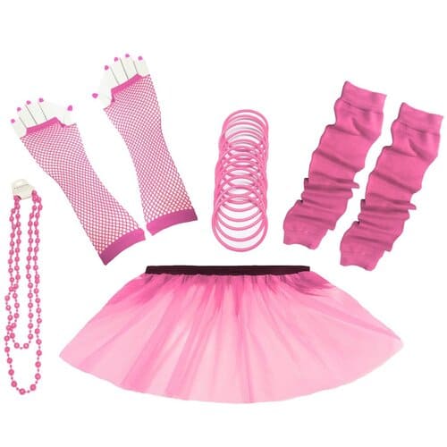 1980's Neon UV Tutu Skirt Plain Solid Leg Warmer Gummies Beads Hen Fancy Dress Party Costumes Set - Adult Size 6 to 26