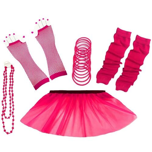 1980's Neon UV Tutu Skirt Plain Solid Leg Warmer Gummies Beads Hen Fancy Dress Party Costumes Set - Adult Size 6 to 26