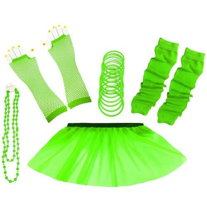 1980's Neon UV Tutu Skirt Plain Solid Leg Warmer Gummies Beads Hen Fancy Dress Party Costumes Set - Adult Size 6 to 26