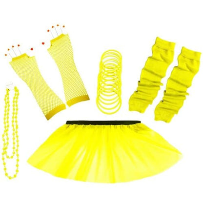 1980's Neon UV Tutu Skirt Plain Solid Leg Warmer Gummies Beads Hen Fancy Dress Party Costumes Set - Adult Size 6 to 26