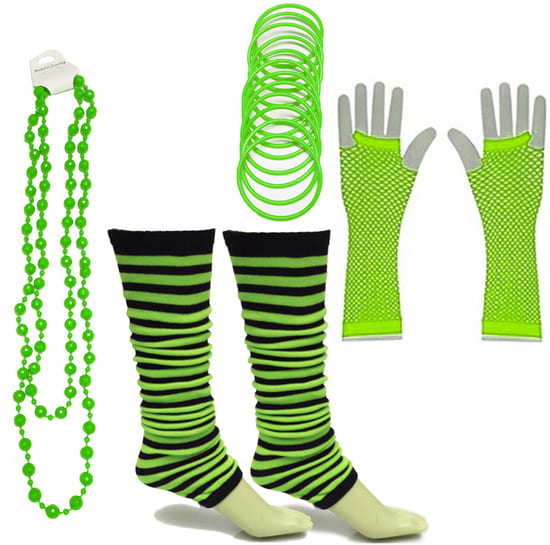 Neon 80s Fancy Dress Hen Party Tutu Costumes Set Stripe Leg warmers Gloves Necklace - One Size Fits All