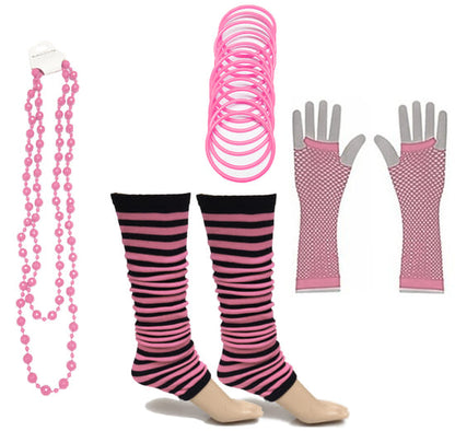 Neon 80s Fancy Dress Hen Party Tutu Costumes Set Stripe Leg warmers Gloves Necklace - One Size Fits All