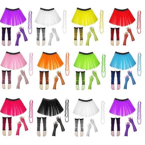 Children Girls Neon UV Tutu Skirt Stripe Leg Warmer Beads Fancy Dress Party Costumes Set - Size 4 to 14 Years - Children Costumes Set