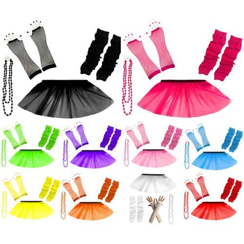 Children Girls Neon UV Tutu Skirt Plain Leg Warmer Beads Fancy Dress Party Costumes Set - Size 4 to 14 Years - Children Costumes Set