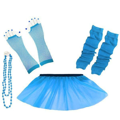 Children Girls Neon UV Tutu Skirt Plain Leg Warmer Beads Fancy Dress Party Costumes Set - Size 4 to 14 Years - Blue / 4-7 Years - Children