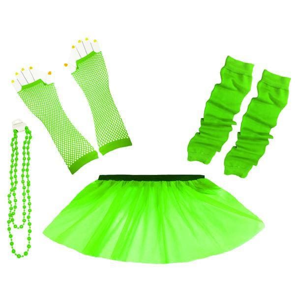 Children Girls Neon UV Tutu Skirt Plain Leg Warmer Beads Fancy Dress Party Costumes Set - Size 4 to 14 Years - Green / 4-7 Years - Children