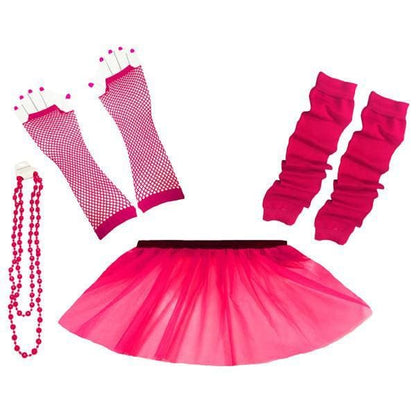 Children Girls Neon UV Tutu Skirt Plain Leg Warmer Beads Fancy Dress Party Costumes Set - Size 4 to 14 Years - Hot Pink / 4-7 Years -