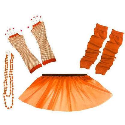 Children Girls Neon UV Tutu Skirt Plain Leg Warmer Beads Fancy Dress Party Costumes Set - Size 4 to 14 Years - Orange / 4-7 Years - Children