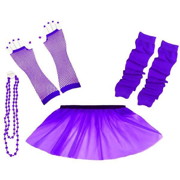 Children Girls Neon UV Tutu Skirt Plain Leg Warmer Beads Fancy Dress Party Costumes Set - Size 4 to 14 Years - Purple / 4-7 Years - Children