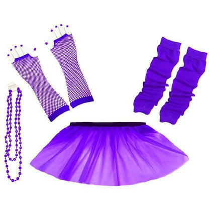 Children Girls Neon UV Tutu Skirt Plain Leg Warmer Beads Fancy Dress Party Costumes Set - Size 4 to 14 Years - Purple / 4-7 Years - Children