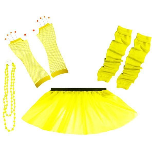 Children Girls Neon UV Tutu Skirt Plain Leg Warmer Beads Fancy Dress Party Costumes Set - Size 4 to 14 Years - Yellow / 4-7 Years - Children