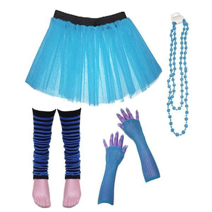 Children Girls Neon UV Tutu Skirt Stripe Leg Warmer Beads Fancy Dress Party Costumes Set - Size 4 to 14 Years - Blue / 4-7 Years - Children