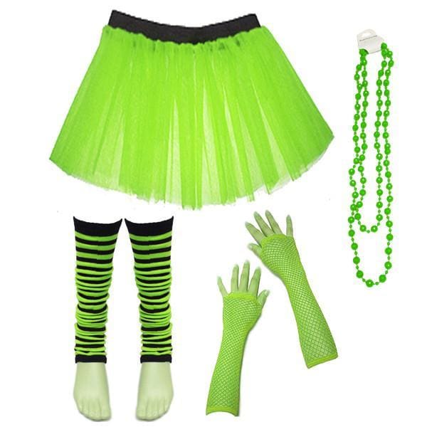 Children Girls Neon UV Tutu Skirt Stripe Leg Warmer Beads Fancy Dress Party Costumes Set - Size 4 to 14 Years - Green / 4-7 Years - Children