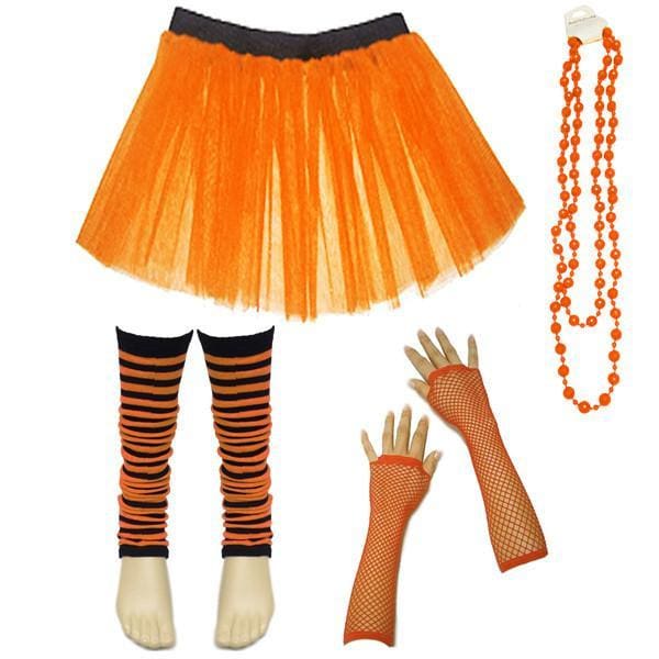 Children Girls Neon UV Tutu Skirt Stripe Leg Warmer Beads Fancy Dress Party Costumes Set - Size 4 to 14 Years - Orange / 4-7 Years -