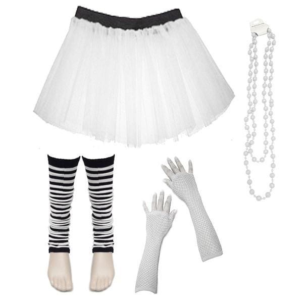 Children Girls Neon UV Tutu Skirt Stripe Leg Warmer Beads Fancy Dress Party Costumes Set - Size 4 to 14 Years - White / 4-7 Years - Children