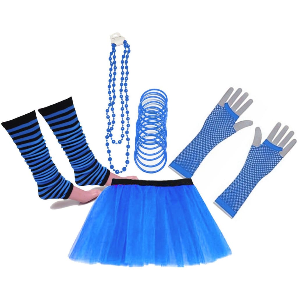 Neon UV Tutu Skirt Stripe Leg Warmer Gummies Beads Hen Fancy Dress Party Costumes Set - Adult Size 6 to 26 - Blue / 6-14 - Costumes Set