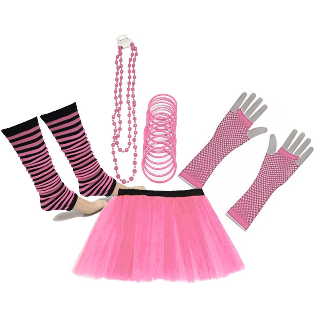 Neon UV Tutu Skirt Stripe Leg Warmer Gummies Beads Hen Fancy Dress Party Costumes Set - Adult Size 6 to 26 - Rose / 6-14 - Costumes Set