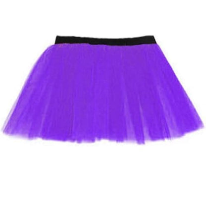 14 Neon 3 Layers of Net UV Flo Long Tutu Skirt For Hen Fancy Dress Party - Adult Size 6 to 26 - Purple / 6-14 - Skirts